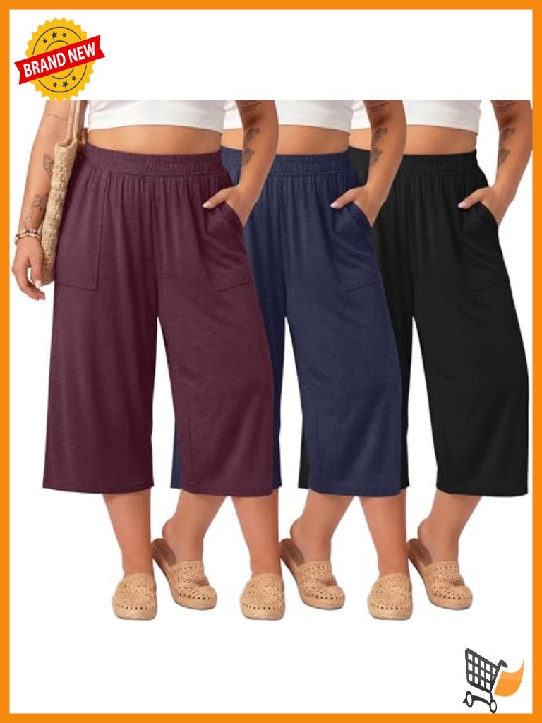 3 Pack Women Plus Size Wide Leg Capri Pants Cotton Spandex Stretch Casual